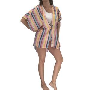2/$30 FORTUNE Swimwear Cover Up One Size Open Tie Kimono Colorful Stripe New